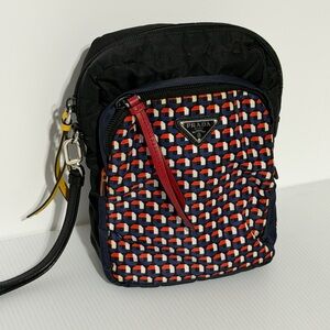 Prada Navy Red White Geometric Nylon Wristlet Clutch